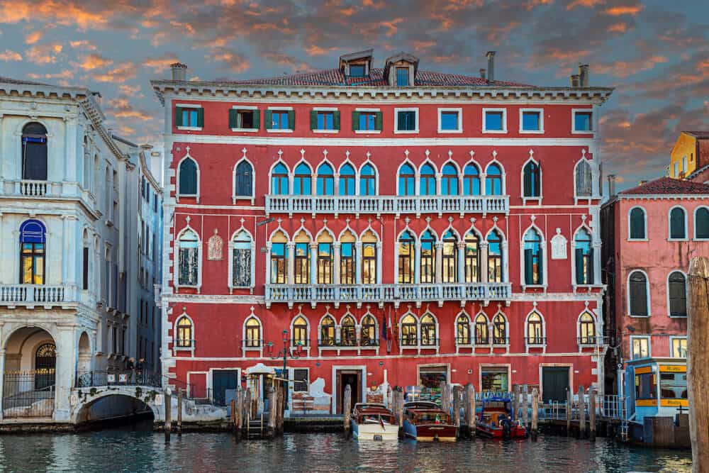 VENICE, ITALY- Bembo Palace facing the Grand Canal, near Rialto Bridge and Dolfin Manin Palace.Was built by the Bembo noble family in the 15th century.Today a hotel and art exhibitions.