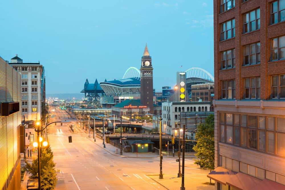 Seattle, Washington State, United States - Pioneer Square district and Centurylink Field stadium.