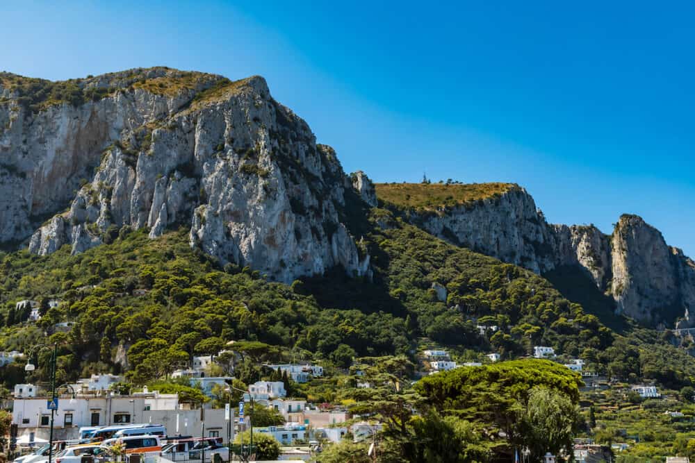 Capri, Italy - Landscape of Capri island with green hills and Monte Solaro mountain