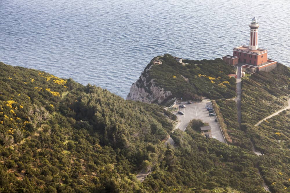 Punta Carena Lighthouse from the hill. Capri Campania Italy