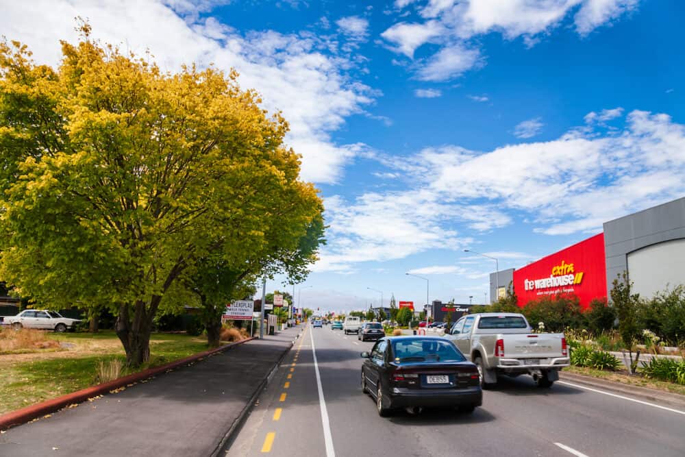 Christchurch, New Zealand - Traffic on Bleinheim road, a busy retail zone in Upper Riccarton, western suburb of Christchurch