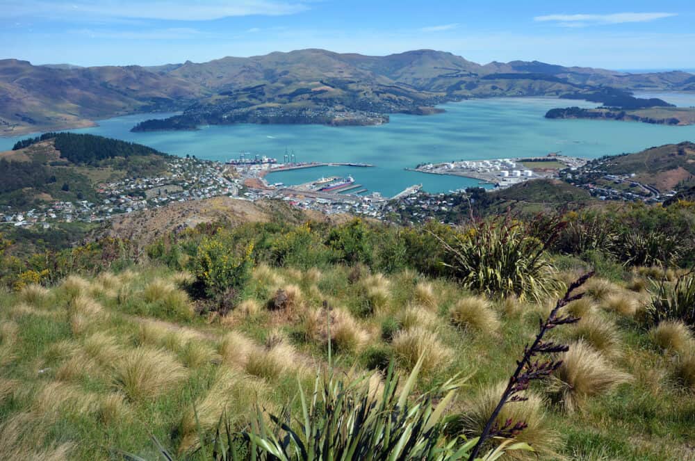 Aerial landscape view of Lyttelton inner harbour and township near Christchurch New Zealand.