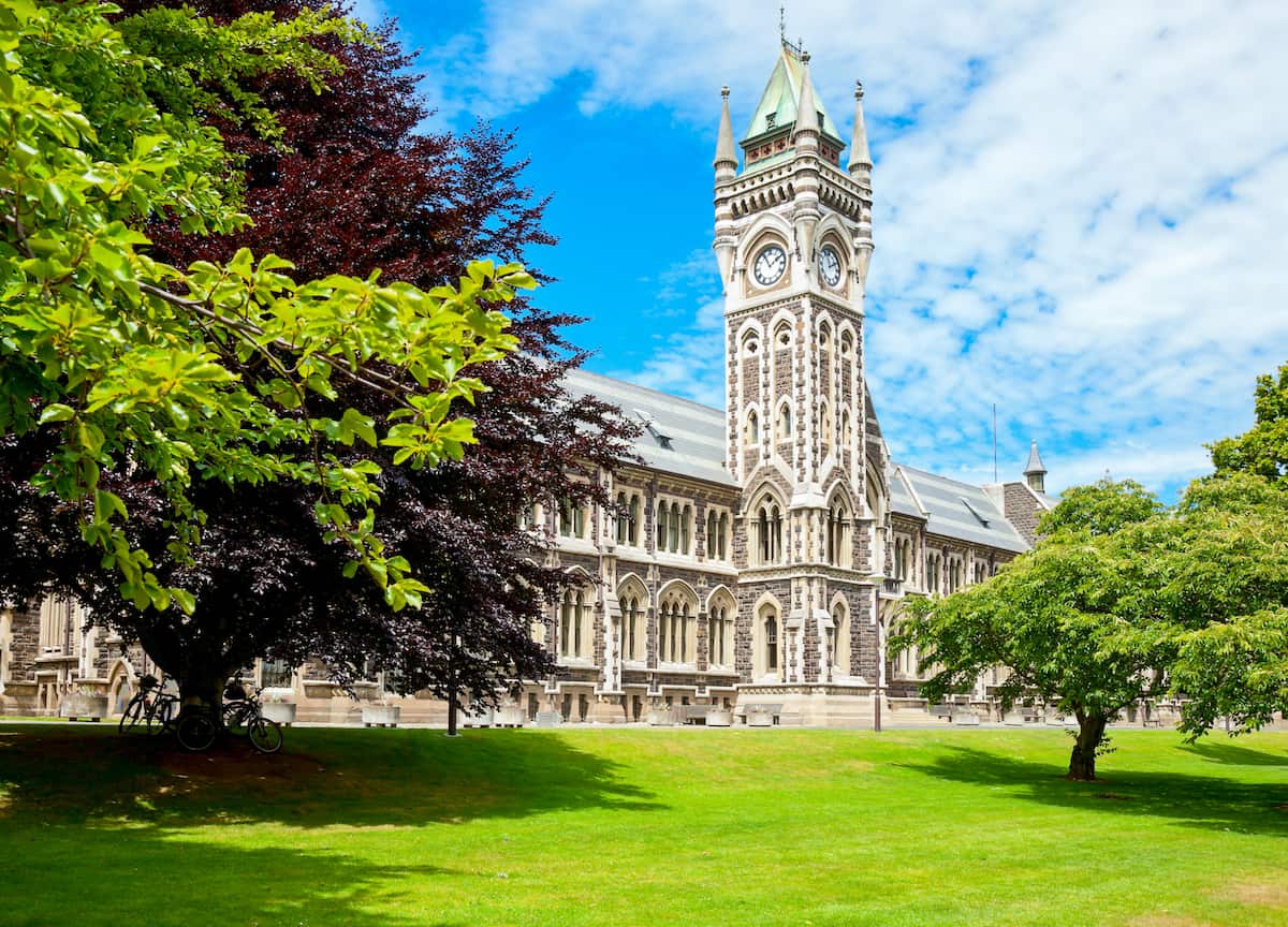 Clocktower of University of Otago Registry Building in Dunedin, New Zealand
