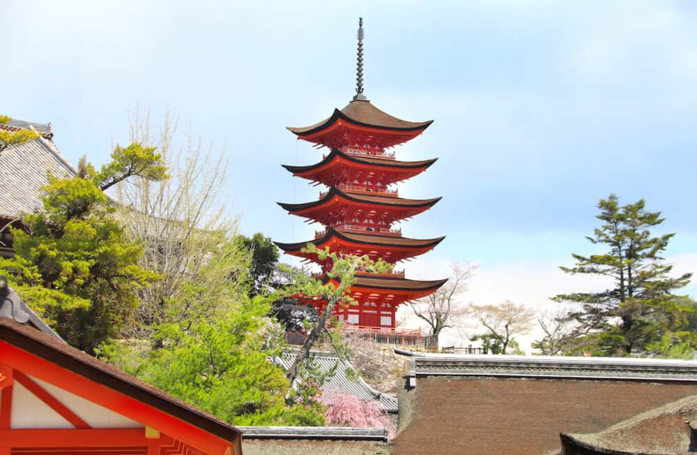 Goju-no-to pagoda (Gojunoto pagoda, Five storied pagoda), sacred Miyajima Island, Japan. UNESCO world heritage site