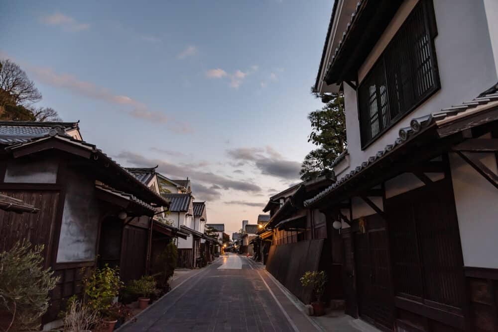 Hiroshima Prefecture, Japan - Takehara Townscape Conservation Area in dusk. The streets lined with old buildings from Edo, Meiji periods, a popular tourist attractions in Takehara city