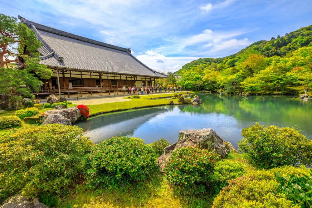 Kyoto, Japan -  Hojo Hall and picturesque Sogen Garden or Sogenchi Teien with a circular promenade centered around Sogen-chi Pond in Tenryu-ji Zen Temple in Arashiyama. Springtime.