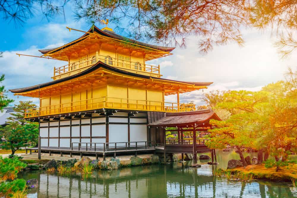Golden temple in Japan, Kinkaku-ji Gold Pavilion  Buddhist Zen Temple Travel landmark at Kyoto, Japan.