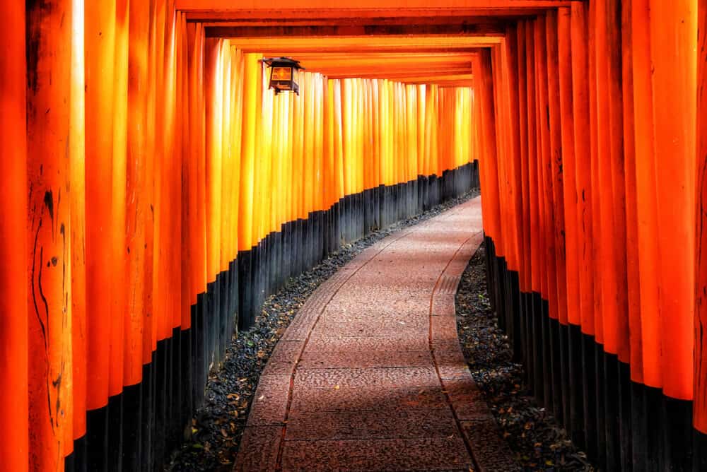 Red Torii gates in Fushimi Inari Shrine in Kyoto, Japan. It is the famous landmark and tourist travel destination of Kyoto.