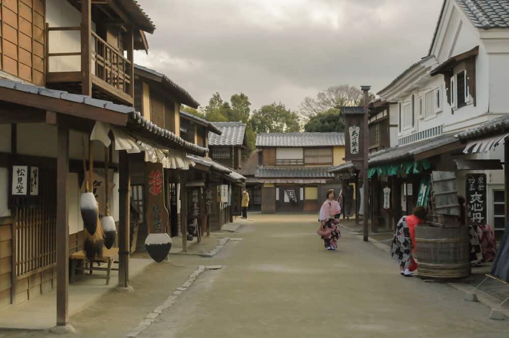 KYOTO, JP - Actors entertain visitors to the TOEI Kyoto Studio Park, a recreation of Edo period streets featuring a collection of traditional buildings which are used in the production of more than 200 films a year.