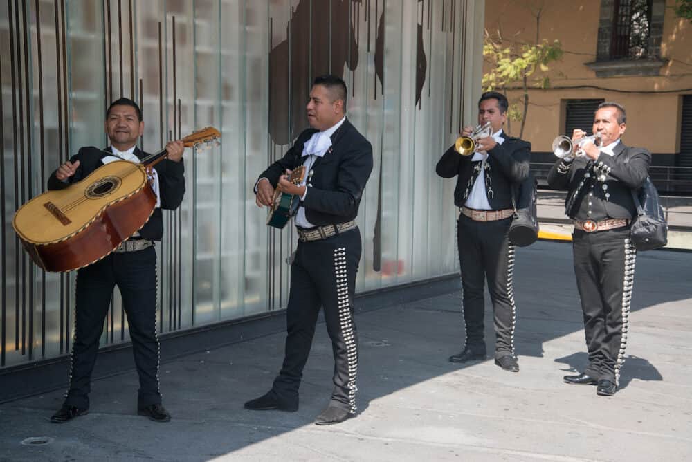 Mexico City. Mariachi playing on instruments on Plaza Garibaldi in Mexico City