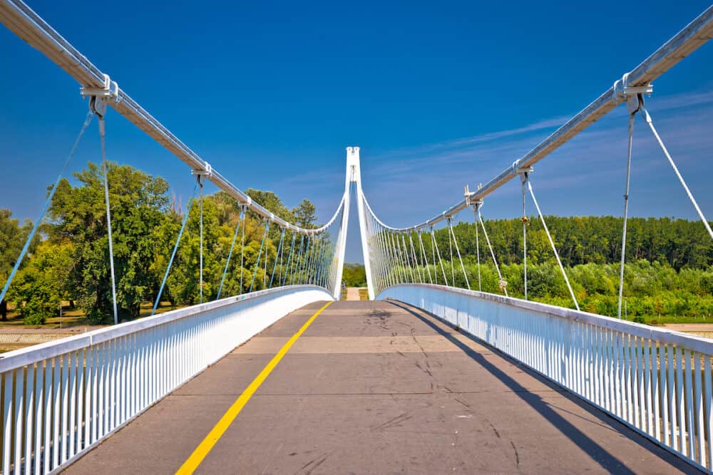 Drava river pedestrian bridge in Osijek, connecting Slavonija and Baranja regions of Croatia