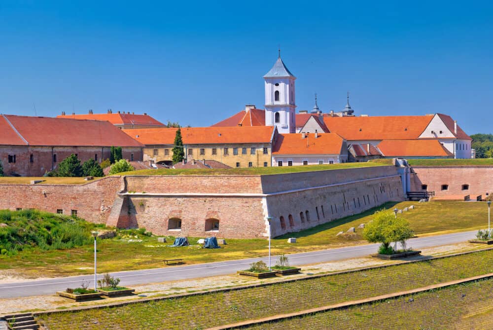 Tvrdja old town walls and Drava river walkway in Osijek panoramic view, Slavonija region of Croatia