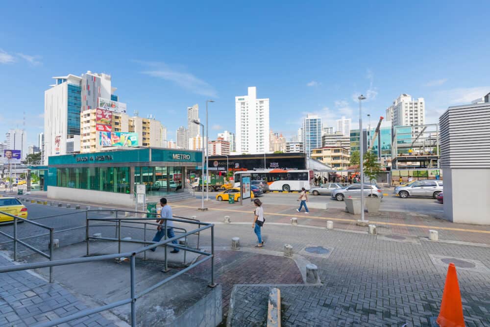 This is the entrance to the Via Argentina subway station in Panama City. It is located in the central area of the city where the shops are located offices, restaurants and the most prestigious residential buildings