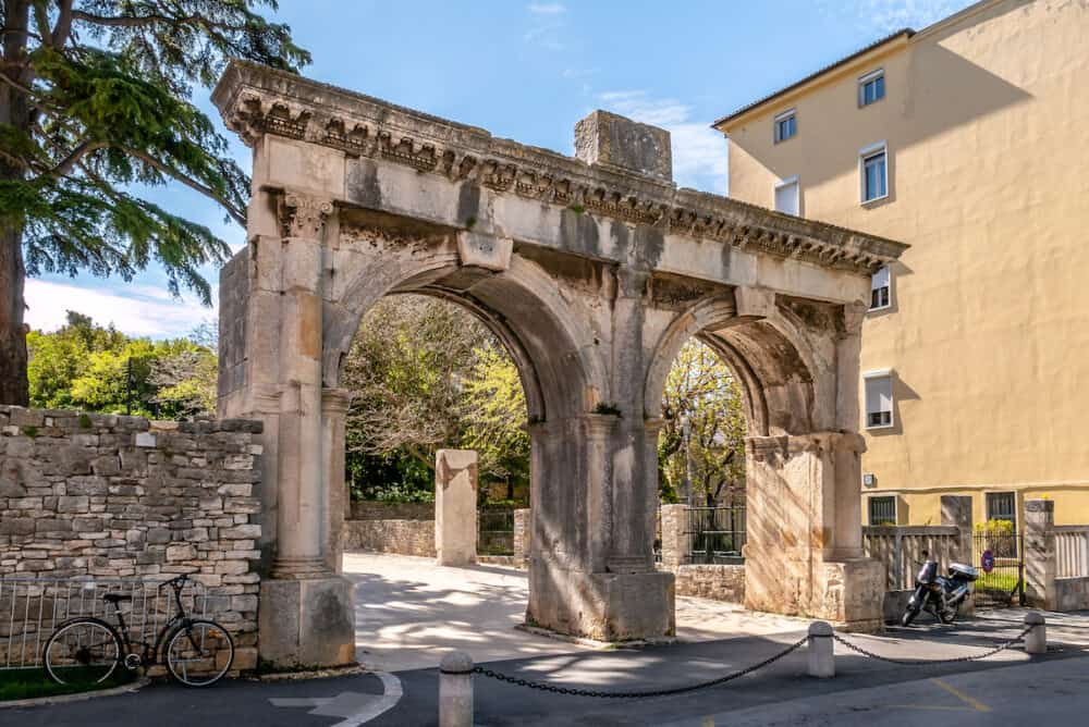 View at the Twin gate(Porta Gemina) in the streets of Pula in Croatia