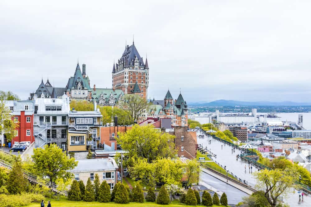 Quebec City Canada - Cityscape or skyline of Chateau Frontenac Dufferin Terrace and Saint Lawrence river at overlook in old town