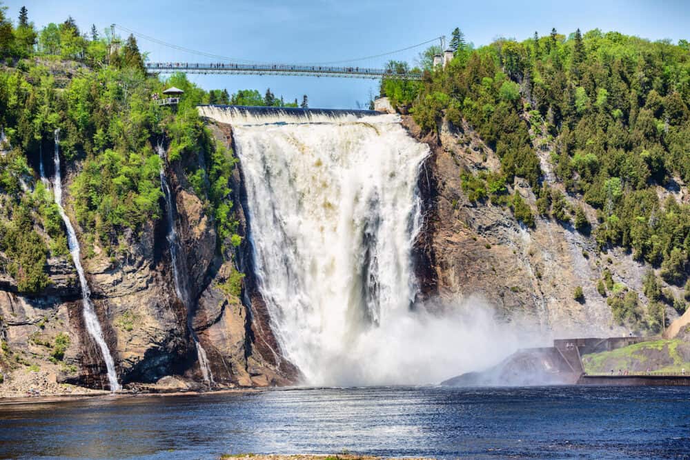 Montmorency Falls, large waterfall in Quebec city, Canada. Famous popular tourist destination in Quebec, tourism travel attraction.