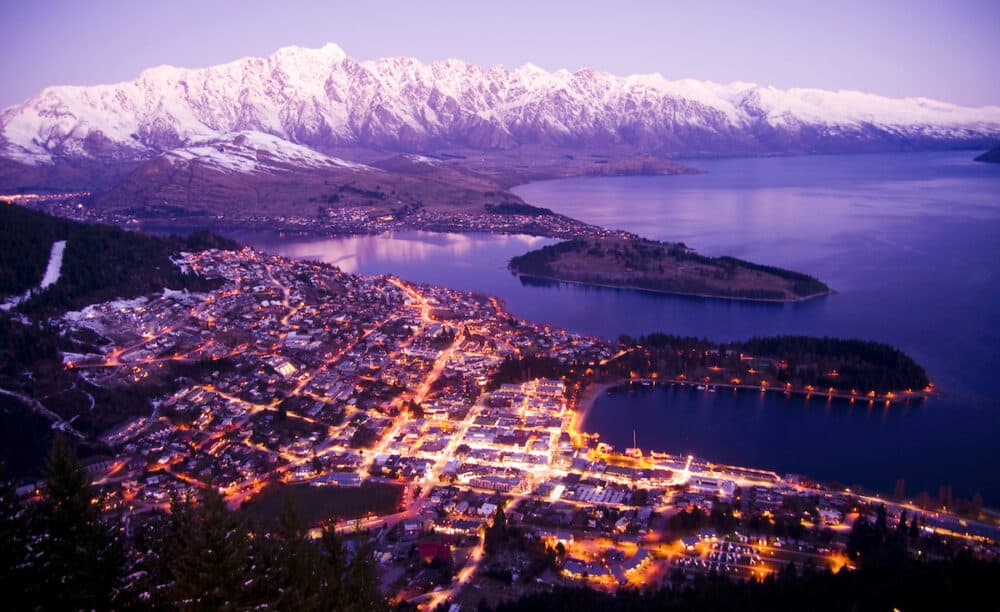 Aerial View of Queenstown with City Lights, New Zealand