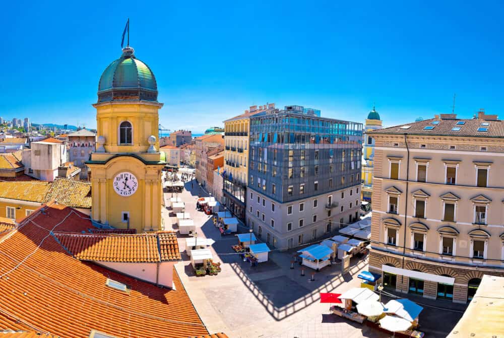 City of Rijeka clock tower and central square panorama Kvarner bay Croatia