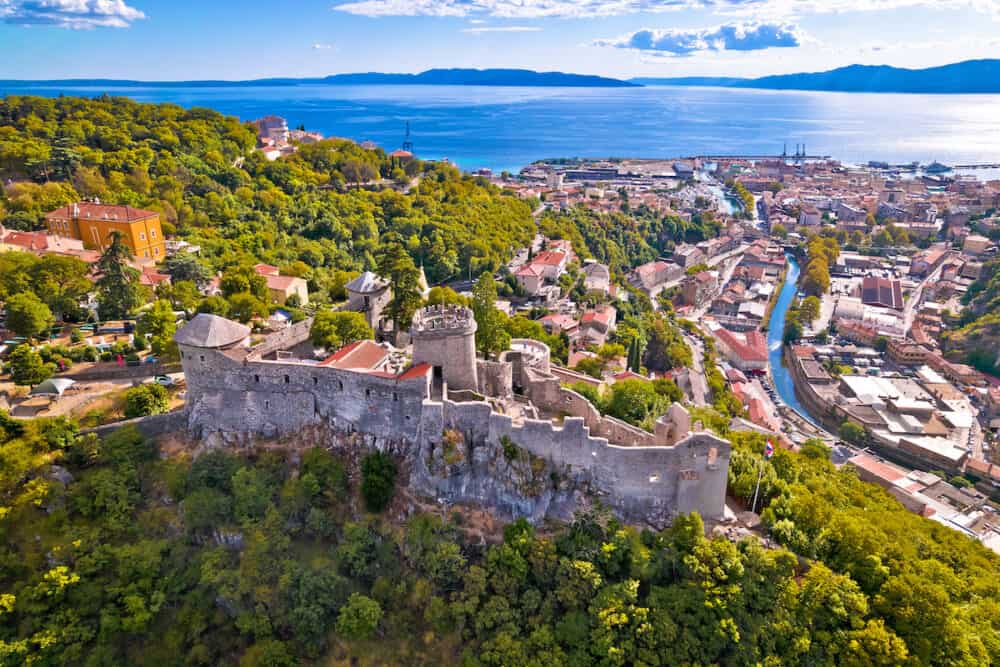 Trsat and Rijeka aerial panoramic view, historic old town in Kvarner bay of Croatia
