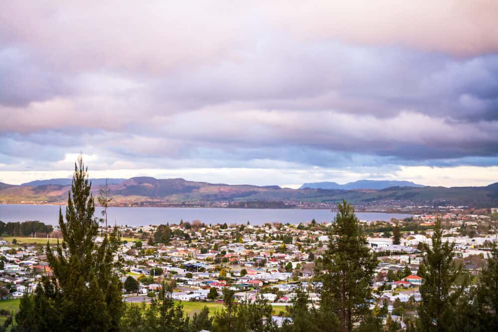 Aerial view of Rotorua city at sunset