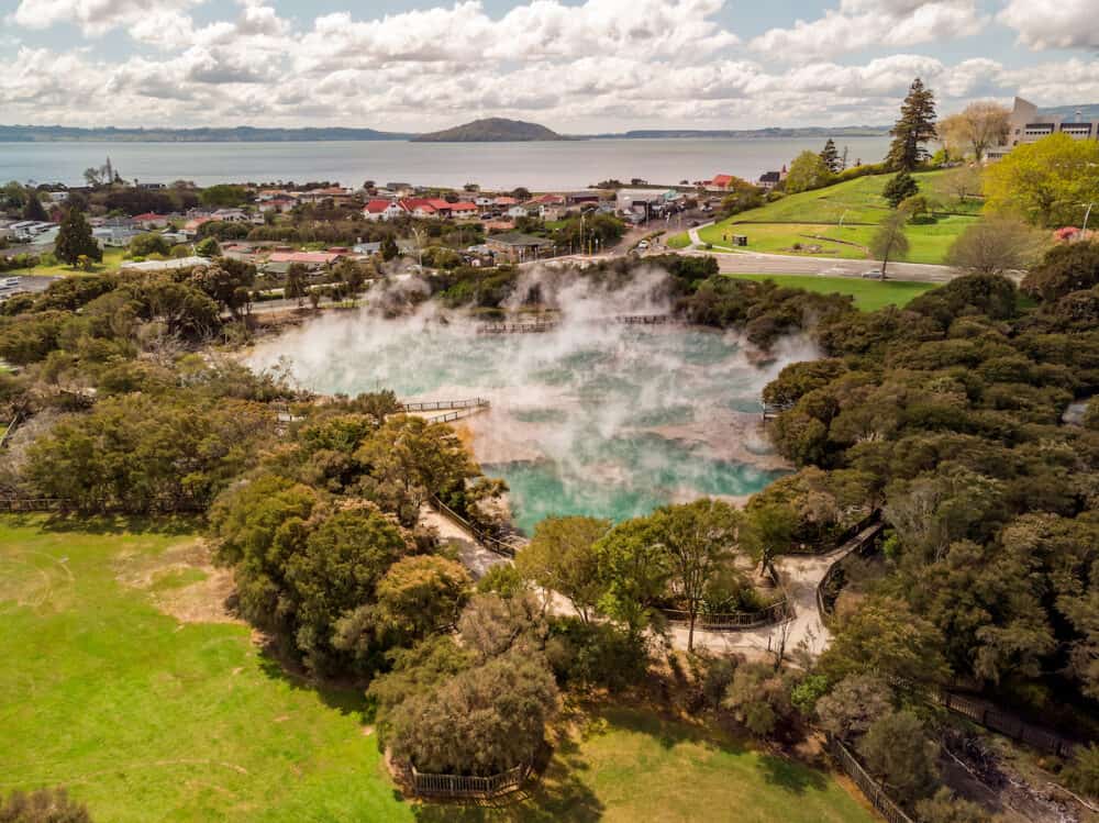Aerial view of big hot spring located in Kuirau Park in the city of Rotorua, New Zealand. Geothermal activity