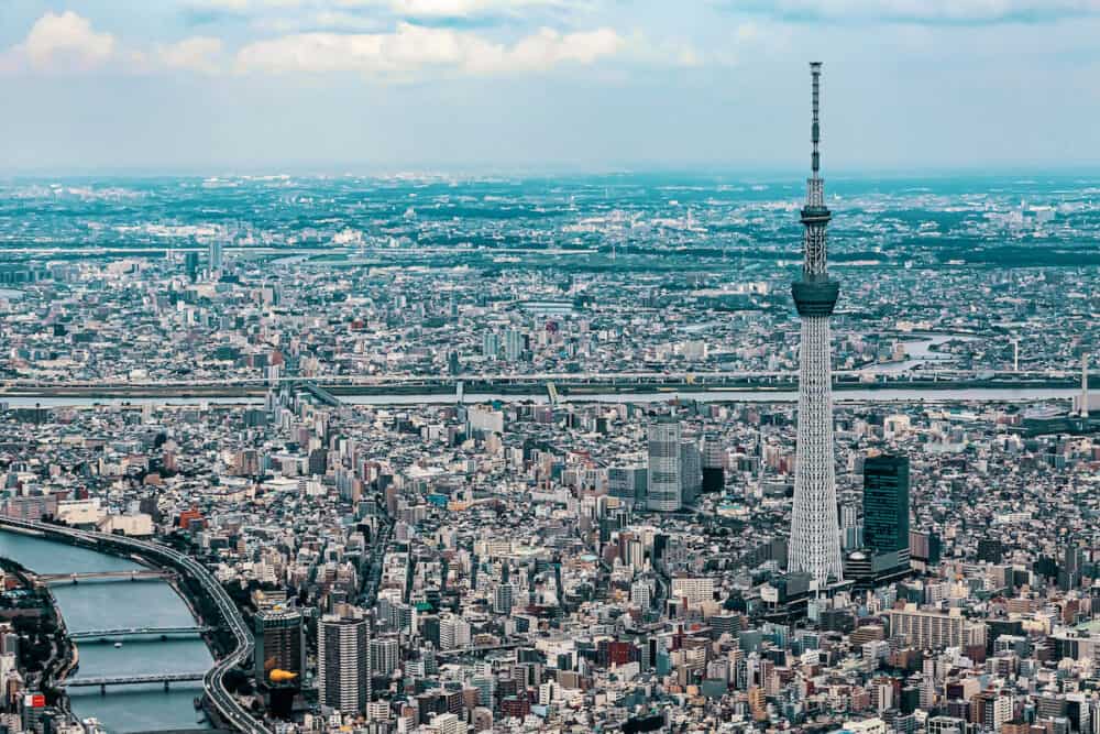 Aerial View of Sumida City with the Tokyo Skytree, Tokyo, Japan