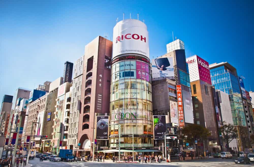 TOKYO, JAPAN- Ginza shopping district n Tokyo, Japan. Ginza extends for 2.4 km and is one of the world's best known shopping districts.