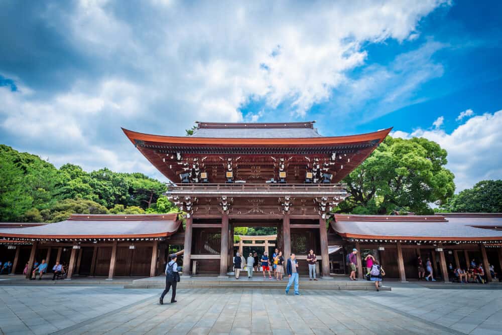Meiji Jingu Shrine historical buildings in Tokyo, Japan. Meiji Shrine located in Shibuya, Tokyo, is the Shinto shrine that is dedicated to the deified spirits of Emperor Meiji.