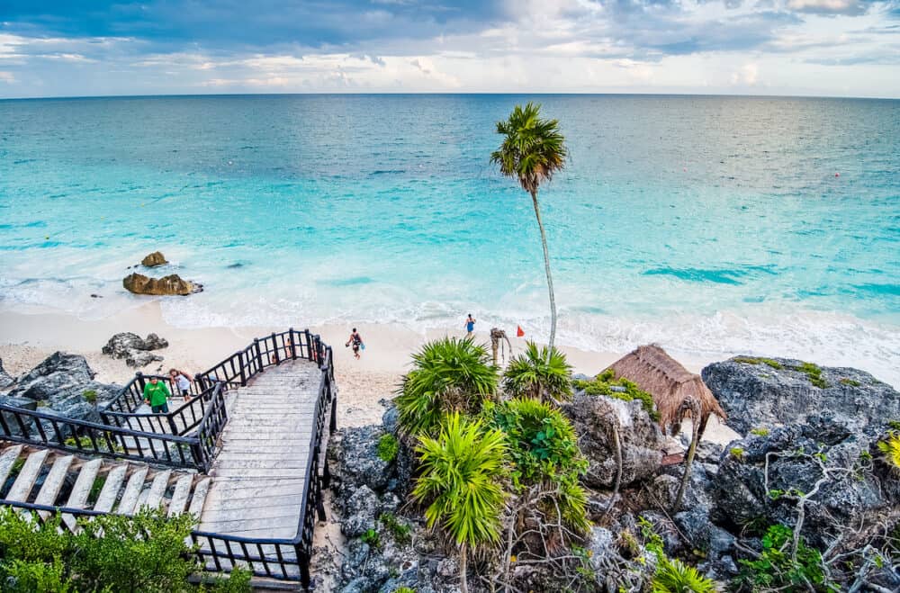 Archaeological site Tulum in Yucatan peninsula by the Caribbean Sea in Mexico during the sunset