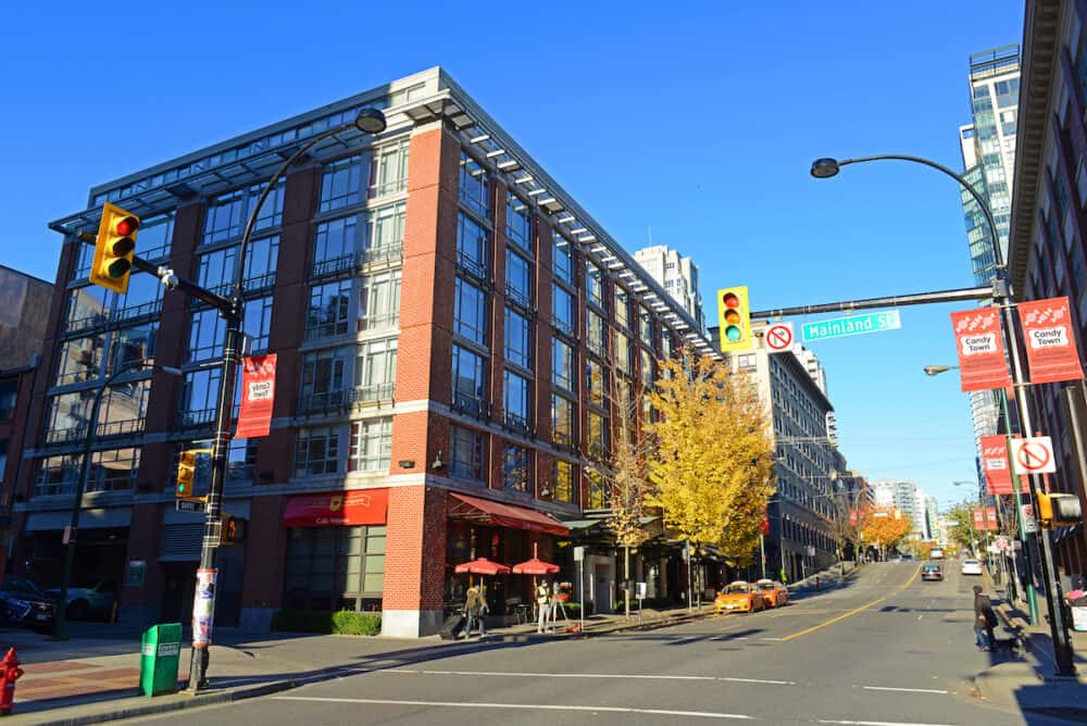 Historic Buildings on Davie Street at Mainland Street in Yaletown in Vancouver, British Columbia, Canada.