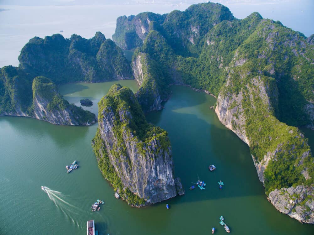Beautiful landscape with islands in Halong bay from high view. Halong bay is World Natural Heritage of Quang Ninh Vietnam.