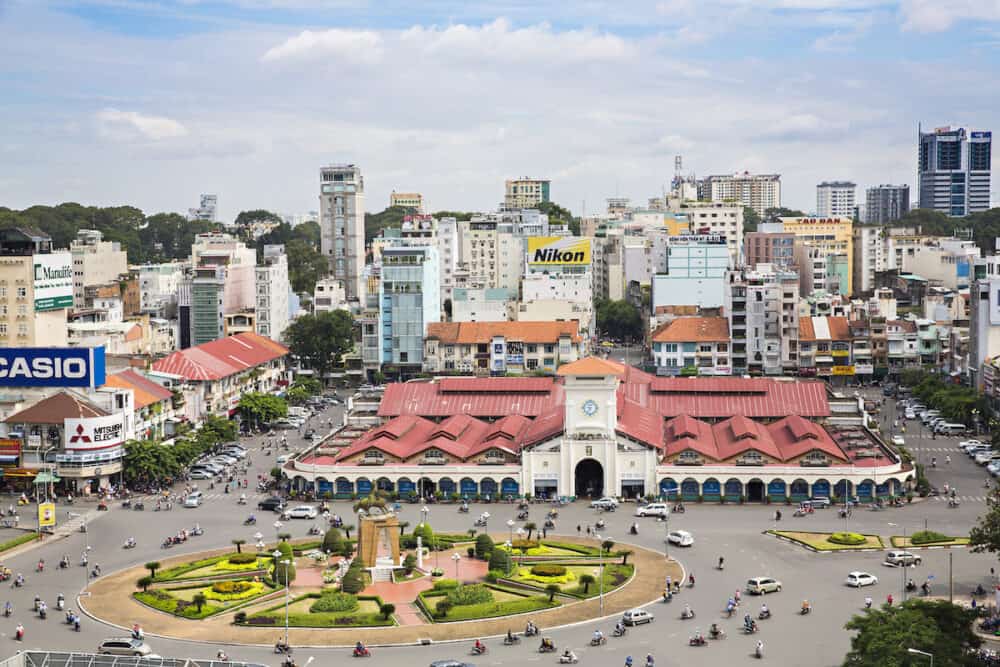 Ben Thanh Market - Quach Thi Trang park on the high, Ho Chi Minh city, Vietnam. Ho Chi Minh city is the biggest city in Vietnam.