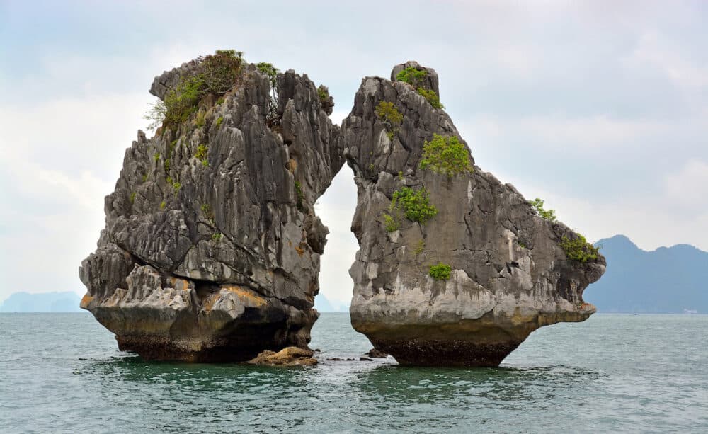 Famous "Two Cocks Fighting" rock formation landmark in Ha long Bay Vietnam