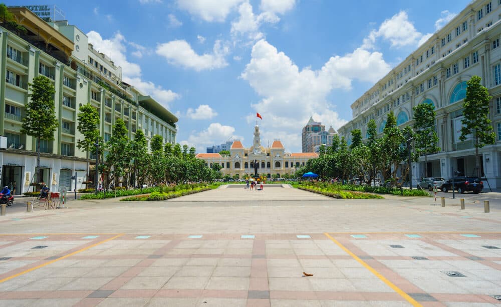 Nguyen Hue pedestrian street with Rex Hotel and center hall metro..