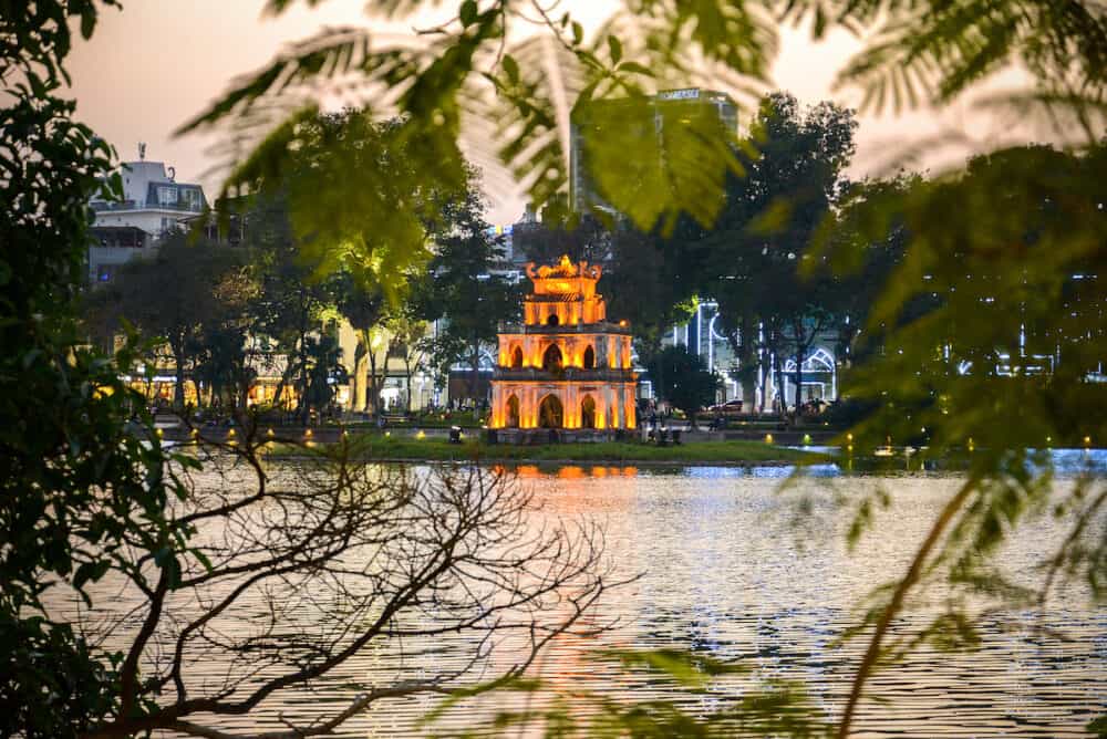 Turtle tower in the center of Hoan kiem lake sunset
