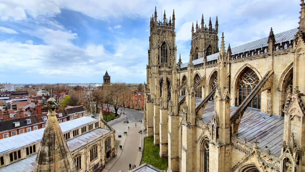 Aerial view of the historic York Minster and the Old Town, Yorkshire, England