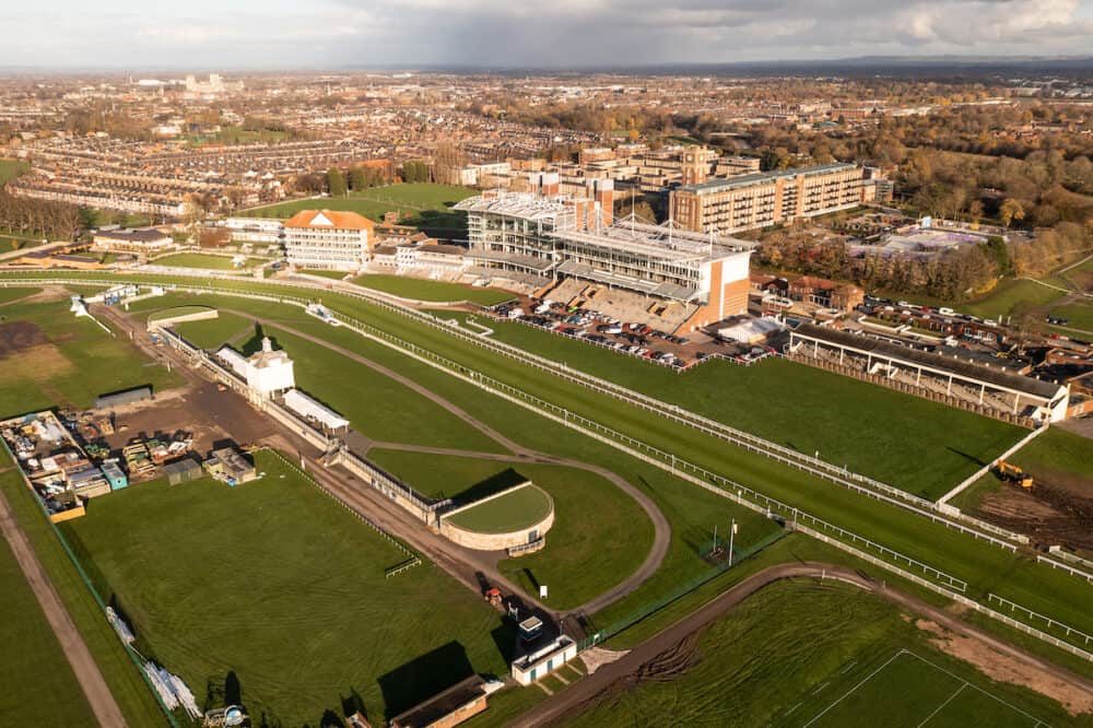 YORK RACECOURSE, UK - An aerial view of York Racecourse with Grandstand and paddock at the course winning post