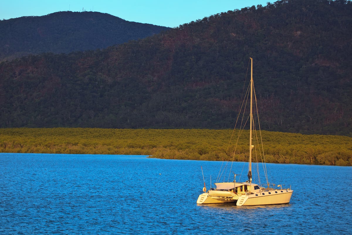 Sunrise on a Catamaran Moored in Cairns Harbor
