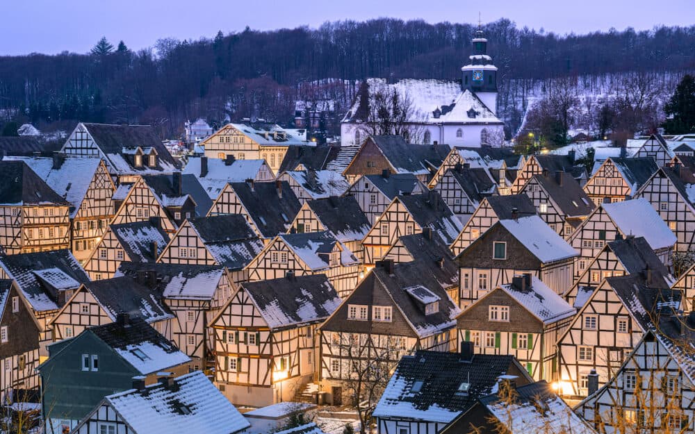 FREUDENBERG, GERMANY - Historic district of Freudenberg with half-timbered houses on a winter day in North Rhine Westphalia, Germany