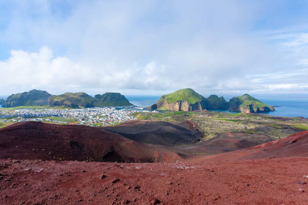 Heimaey town aerial view from Eldfell volcano. Iceland landscape. Westman Islands