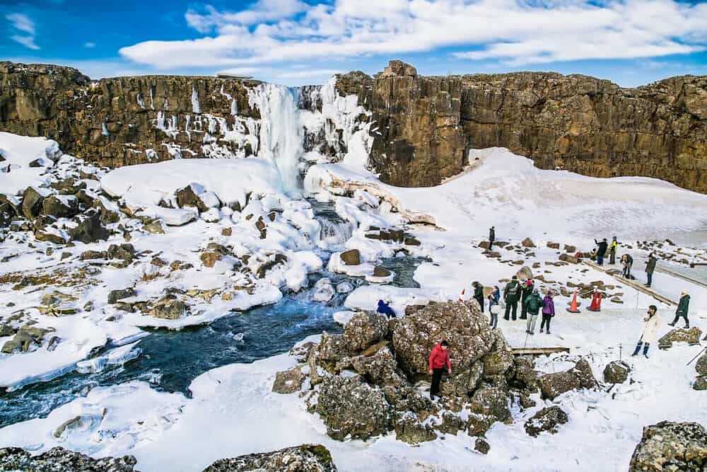 Thingvellir , Iceland-  Oxararfoss waterfall in Thingvellir National Park, Iceland. Oxararfoss waterfall is the famous tourist attracting
in route of Iceland Golden ring