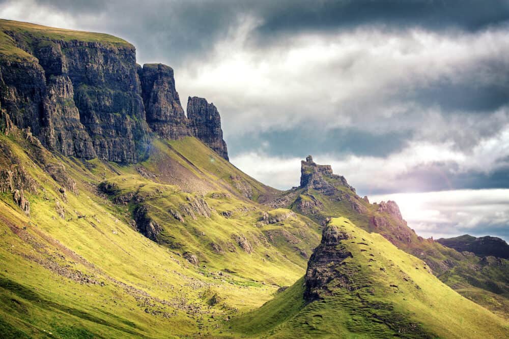 Scenic view of Quiraing mountains, with dramatic sky in the Isle of Skye, Scottish highlands, United Kingdom. 