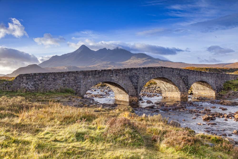 The old bridge at Sligachan and the Cuillins, Isle of Skye, Inner Hebrides, Highland, Scotland, UK