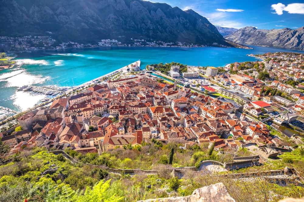 Boka Kotorska and town of Kotor bay panoramic view from the hill, coastline of Montenegro