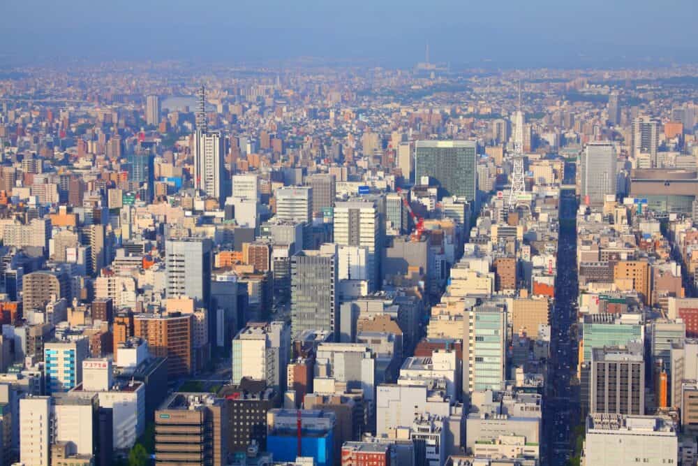 Aerial view of modern city in Nagoya, Japan. Nagoya is the 4th largest city in Japan with population of 2.28 million.