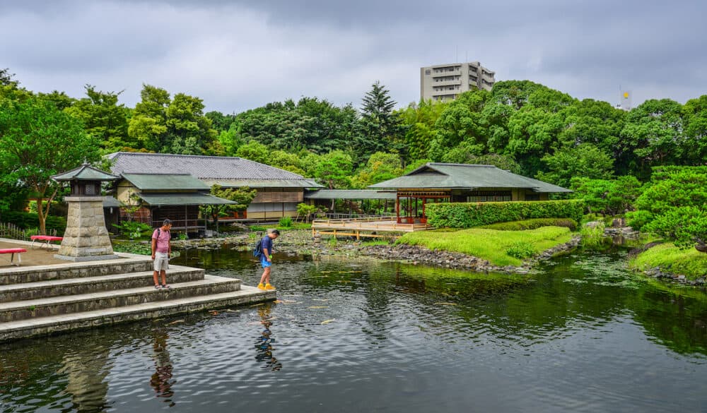 Idyllic landscape of Japanese garden at summer day. Nagoya is a manufacturing and shipping hub in central Honshu.