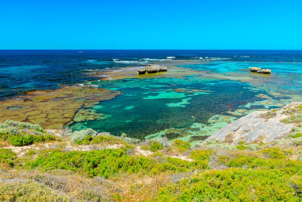 Tourism in Perth. Rottnest Island, Western Australia. Scenic view from roks over turquoise crystal sea of Jeannies Lookout at Rottnest Island, Perth, Western Australia.