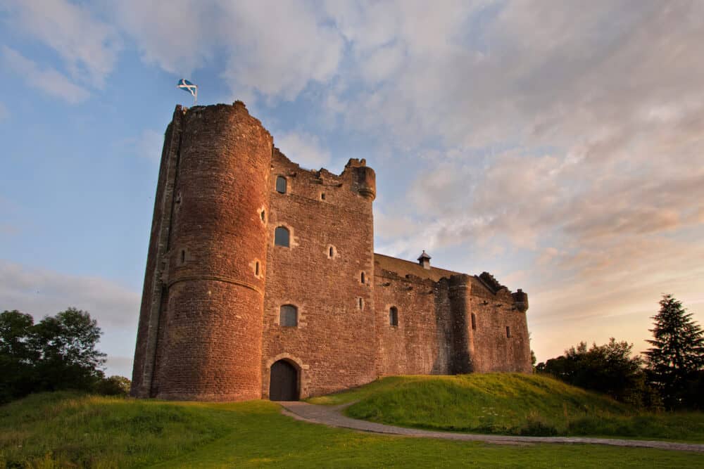 Doune Castle near Stirling, Scotland is a medieval courtyard fortress built around 1400 by Robert Stewart, Duke of Albany, the Scottish Regent.
