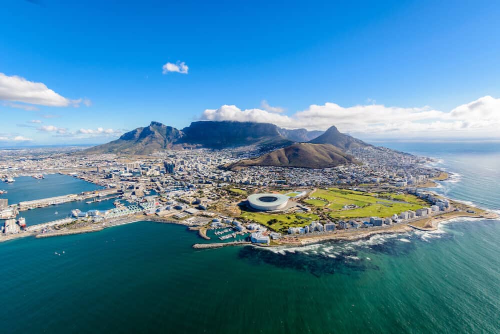 Aerial view of Cape Town South Africa on a sunny afternoon. Photo taken from a helicopter during air tour of Cape Town