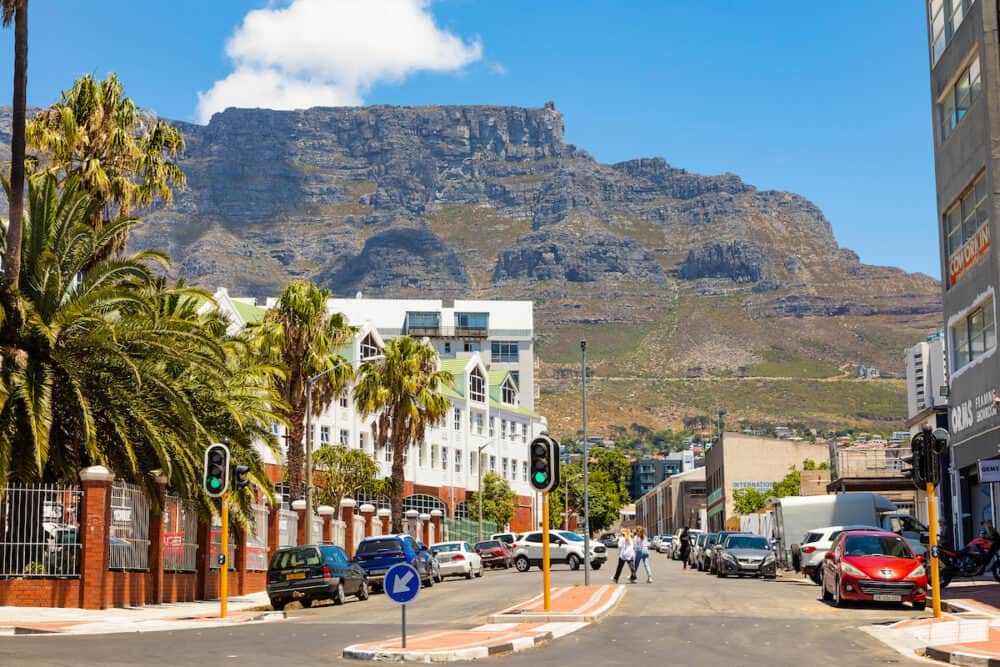 Cape Town, South Africa - Street view of City buildings with Table Mountain in the background